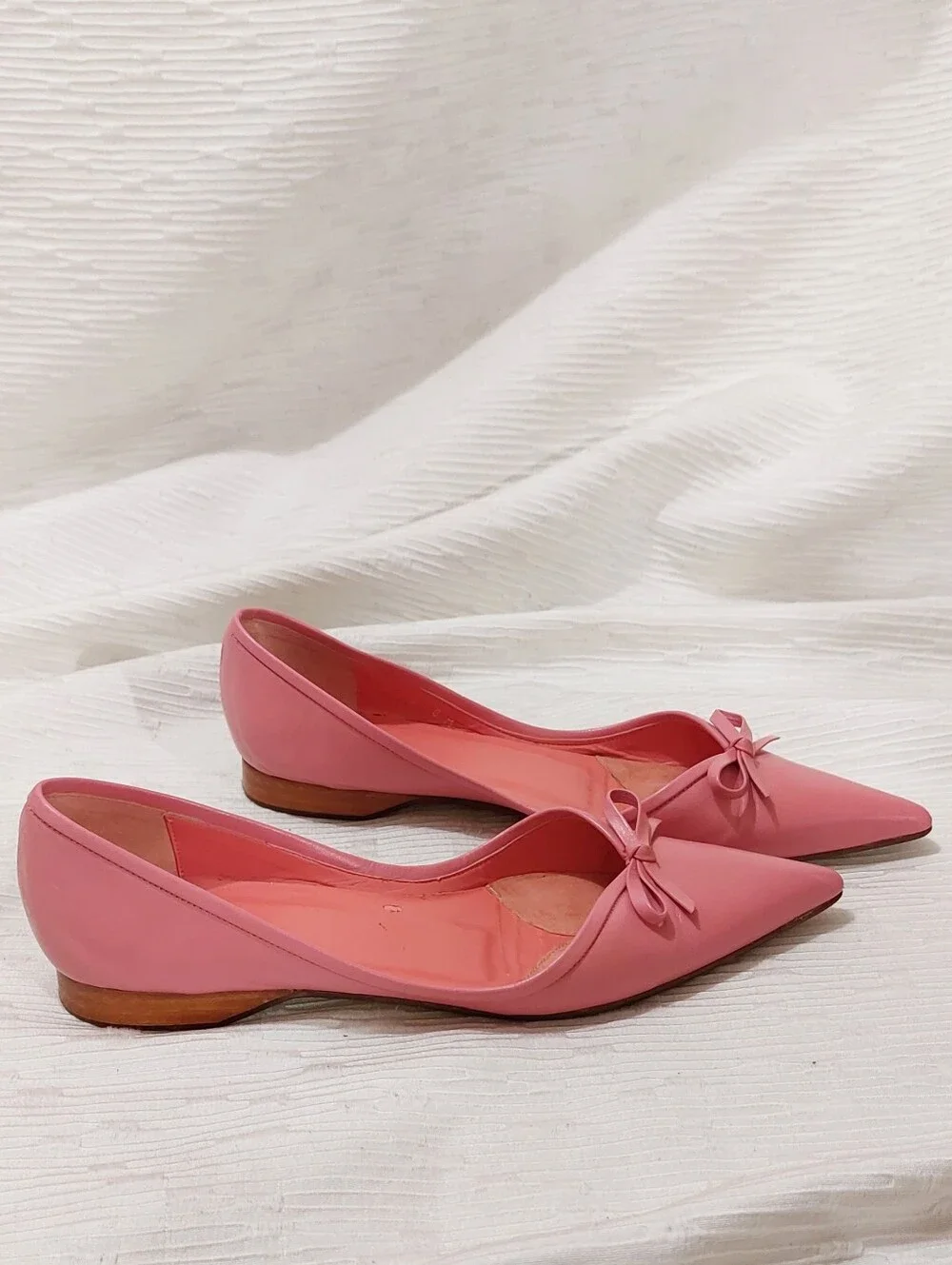 Delman Leather Pink Pointed-Toe Flats with Bow Accent Size 8
